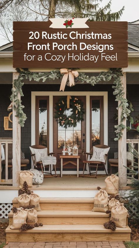 Create a warm and inviting entrance with these 20 rustic Christmas front porch designs! Using natural elements like wood, pinecones, and burlap, you can evoke a cozy holiday atmosphere. These charming rustic decor ideas will make your porch a welcoming winter retreat, perfect for greeting friends and family this Christmas season. Rustic Christmas Front Porch, Front Porch Christmas Decor Ideas Rustic, Christmas Decor Ideas Rustic, Christmas Front Porch Ideas, Rustic Decor Ideas, Winter Retreat, Front Porch Design, Christmas Front Porch, Christmas Porch Decor