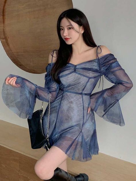 DAZY Tied Shoulder Flared Sleeves Mesh Dress | SHEIN USA Mesh Sleeves, Neck Ruffle, Art Clothes, Mesh Dress, Flared Sleeves, Pleated Dress, Dress P, Fashion Online Shop, Online Fashion