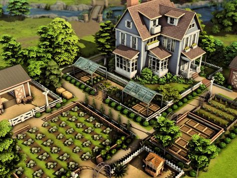 The Sims Resource - Dream Farm (NO CC) Farm Exterior Design, Sims 4 Cottage Living Farm Layout, Cottagecore House Floor Plan, Sims 4 Garden Layout, Farm Sims 4 House, Community Garden Sims 4, Sims Farmhouse Layout, Sims Homestead, Country Home Sims 4