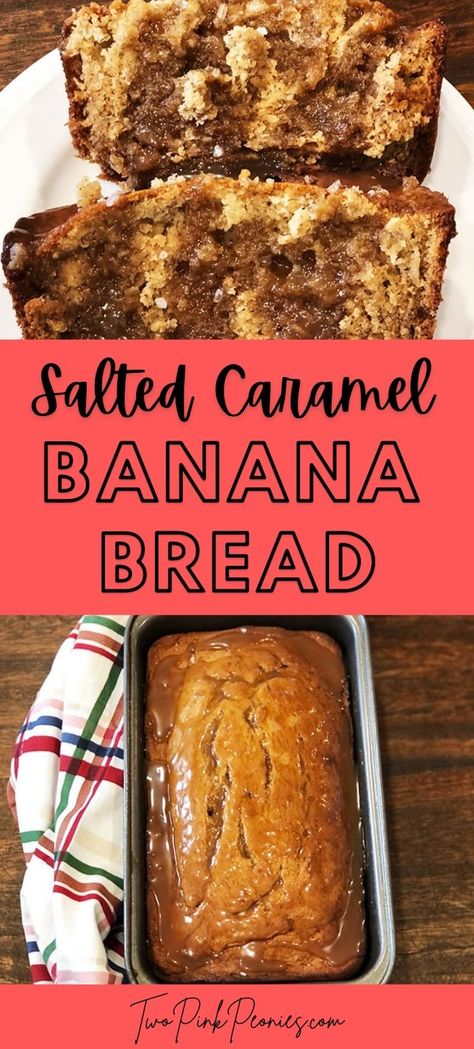 Salted Caramel Banana Bread | This salted caramel banana bread is both swirled and topped with caramel. Bananas and salted caramel are flavors that go so well together. This salted caramel banana bread is perfect for using up any extra bananas you may have. Caramel Banana Bread Recipe, Salted Caramel Banana Bread, Caramel Banana Bread, Cake Mix Banana Bread, Cinnamon Banana Bread, Bread Banana, Banana Bread Loaf, Moist Banana Bread, Chocolate Banana Bread