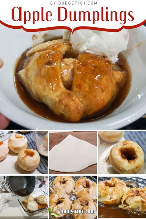 Image of perfectly baked apple dumplings with golden flaky pastry, filled with spiced apples, and topped with a warm cinnamon syrup. A cozy fall dessert served fresh from the oven. Apple Baking, Easy Apple Dumplings, Dirt Cheap Meals, Apple Dumpling, Living Frugal, Budget Christmas, Dumpling Dough, Cinnamon Syrup, Scratch Recipes