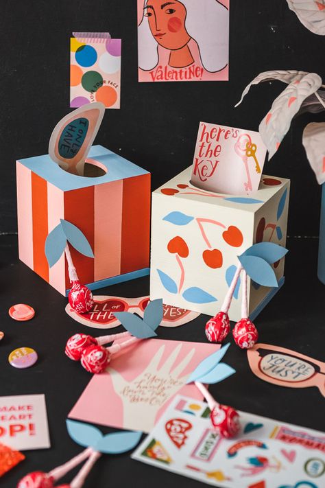 DIY Painted Valentine Box - The House That Lars Built Tissue Box Hacks, Painted Cardboard, Valentine Card Box, Box Valentine, Diy Valentines Cards, Valentine Day Boxes, Diy Doll Miniatures, Valentine Activities, Diy Valentines Crafts