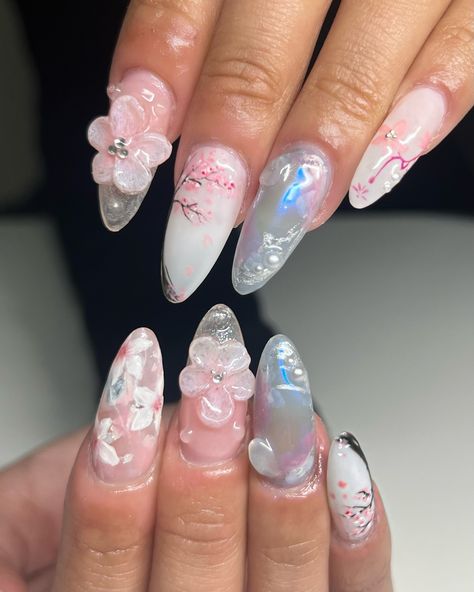 cherry blossom themed 🌸 ✧ : *✧ :* ✧ *✧: #gelnails #nailinspo #nailinspiration #nailart #naildesigns #nailartinspo #nailsoftheday #gelx #gelxnails #apresgelx #handpaintednails Japan Themed Nails, Cherry Blossom Nails Design, 2025 Nails, Cherry Blossom Nails Art, Blossom Nails, Classy Almond Nails, Cherry Blossom Nails, Long Nail Designs, Pretty Gel Nails