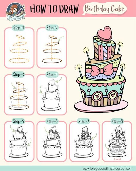 How to draw a B-day cake Cake Draw, Cakes Cartoon, Birthday Cake Drawing, Cartoon Drawing For Kids, Cake Step By Step, Cartoon Birthday Cake, Art For Kids Hub, Birthday Doodle, Drawing Kids