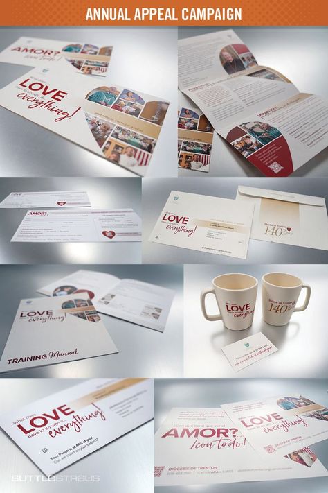 This annual appeal campaign featured multiple pieces including: a 4-color envelope with variable personalization, brochures, posters, pledge and in-pew cards in English and Spanish, a training manual for parishes, and a set of complementary digital assets. The theme was also added to promotional mugs as a thank you to parishes for continued support of the appeal. Print Portfolio, Annual Campaign, Printed Portfolio, Graphic Design Brochure, Nonprofit Fundraising, Creative Graphic Design, Creative Portfolio, Direct Mail, Digital Assets