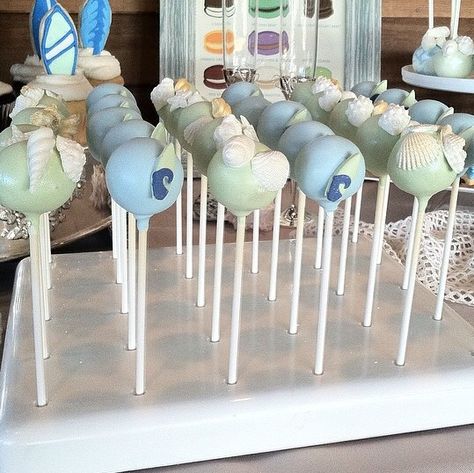 Surf Cake Pops, Beach Themed Cake Pops, Beach Cake Pops, Surfer Baby Shower, Baby Hercules, Surf Cake, 28 Birthday, Seashell Cake, Surf Birthday Party