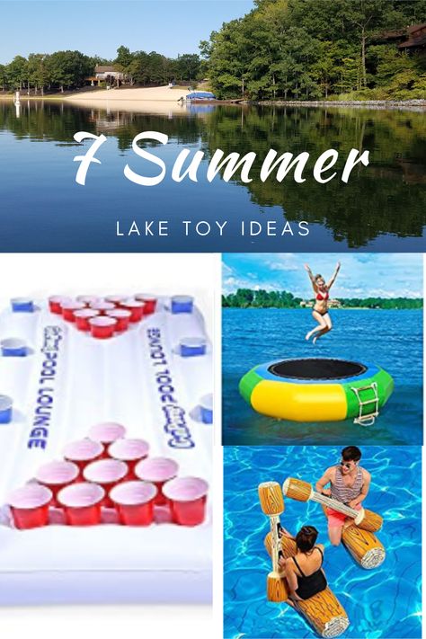 7 great ideas for floating lake toys to keep the kids and adults busy on the lake this summer! From beer pong to floating trampolines! Lake Activities For Adults, Lake Floats For Adults, Lake Toys For Adults, Lake Games For Adults, Lake Party Ideas For Adults, Lake Party Ideas, Olympic Party Decorations, Big Bear Trip, Lake Birthday Party