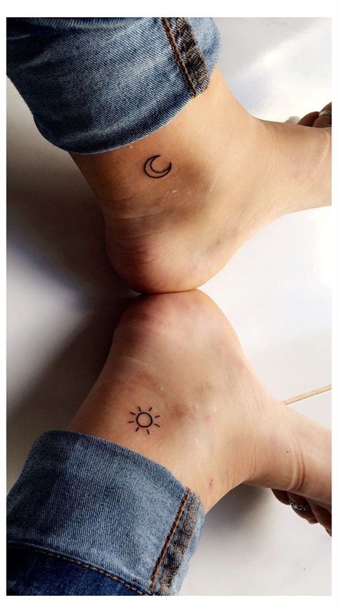 Ankle Moon Tattoos For Women, Tattoo Ideas Small Ankle, Sun And Moon Tattoo On Ankle, Sun Moon Feet Tattoo, Sun Moon Tattoo Ankle, Small Tattoo For Ankle, Ankle Sun And Moon Tattoo, Ankle Tattoo Sun And Moon, Sun And Moon Tiny Tattoo