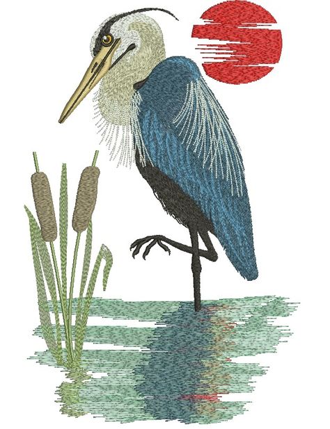 Heron in the Weeds - 3 Sizes - Products - SWAK Embroidery Heron Embroidery, Wreath Sash, White Crane, Machine Pattern, Herons, Room Door, Blue Heron, Star Stitch, Machine Embroidery Patterns