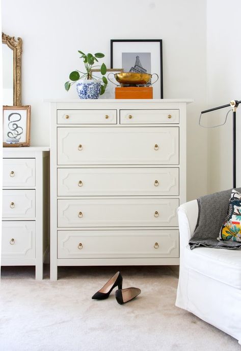 Ikea Hemnes Dresser Hack with O'verlays | markova design Ikea Hemnes Dresser Handles, Hemnes 8 Drawer Dresser Hack, Hemnes Dresser Bedroom, Idanäs Dresser, Ikea Dresser Desk Hack, Hemnes Closet, Hemnes Drawers Hack, Ikea Songesand Dresser Hack, Ikea Koppang Dresser Hack