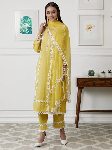 Buy Yellow Organza Lace Dupatta | KAAS38JAN109/KAAS38JAN | The loom White Indian Suit, Colorful Dupatta, Lace Kurta, Punjabi Kurta, Long Kurti Patterns, Plain Suit, Yellow Kurti, Design Kurta, House Wear