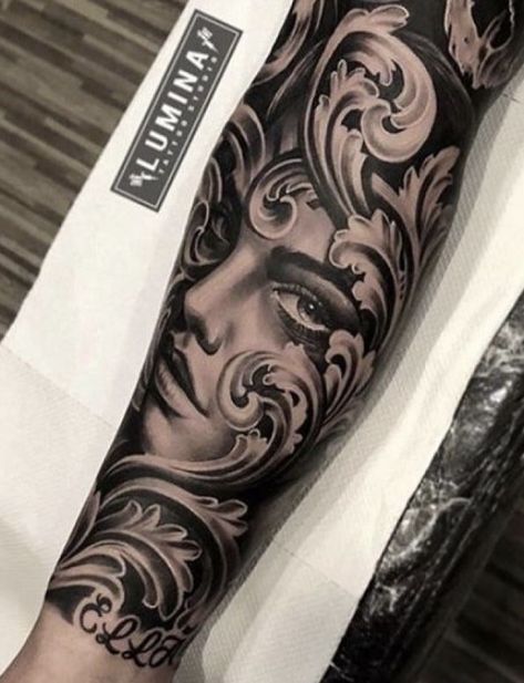 Charcoal Ideas, Left Arm Tattoos, Traditional Tattoo Designs, Lion Head Tattoos, Forarm Tattoos, Chicano Art Tattoos, Dark Art Tattoo, Arm Sleeve Tattoos, Chicano Art