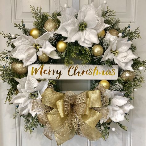 Christmas wreath, white wreath, gold wreath, holiday wreath, front door wreath, Merry Christmas Gold Silver White Christmas Wreath, Christmas Wreaths White And Gold, Best Wreaths Front Doors, Christmas White And Gold Decorations, Christmas Wreaths Design, Black White And Gold Christmas Wreath, Gold Wreaths For Front Door, White Xmas Wreaths For Front Door, White And Gold Wreath Christmas