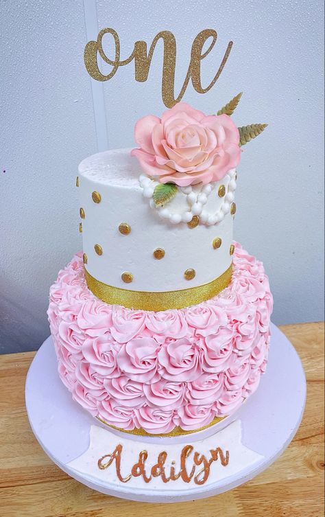 Pink And Gold Rosette Cake, 1 Year Birthday Cake 2 Tier, Miss Onederful Birthday Cake, Little Miss Onederful Cake, Pink Rosette Cake, One Year Birthday Cake, Baby 1st Birthday Cake, Tiered Cakes Birthday, Rainbow Birthday Cake