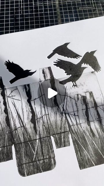 Jenny Mccabe on Instagram: "Using packaging to make plates 
These are delicate and tricky to work with but with the abundance of designs of box construction it makes it so exciting!
I have been obsessed with drawing posts and fences with birds taking flight and these little painkiller boxes leant themselves very well to creating this scene.
The crows are little copper plates 

(for any Buffy nerds out there - the music is verruca the werewolf’s band! she upset willow so much it still hurts!) 

 #etching #copperplateetching  #artwork #printmakersofinstagram #printmaker #print #jennymccabe #intaglio #handprinted #handmade #birdart #ukprintmakers #artist #artstudio#printstagram #artistsoninstagram #printmaking #womenprintmakers  #womenartistsofinstagram #collagraph #tetrapak" Jenny Mccabe Collagraph, Tetrapak Printmaking, Jenny Mccabe, Collagraph Printmaking, Copper Plates, Box Construction, The Crows, Tetra Pak, Gel Plate