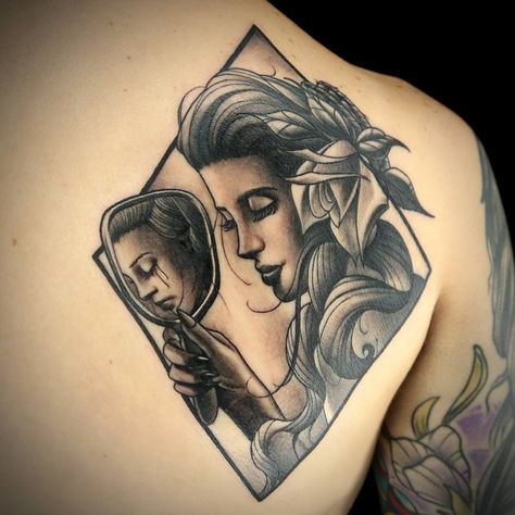 Reflection Tattoo Mirror, Tattoo Ideas Tumblr, Reflection Tattoo, Hd Tattoos, Tattoo Lounge, Always Tattoo, Temple Tattoo, Engraving Tattoo, Reflection Art