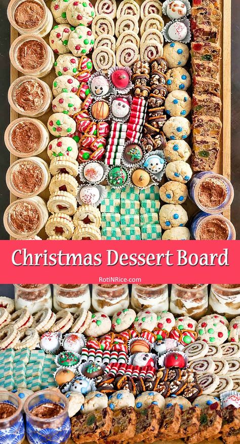 This Christmas Dessert Board is packed with cookies, candies, fruit cake, and cup tiramisu. Some are store bought but most are homemade. | RotiNRice.com #dessertboard #charcuterieboard Christmas Desserts Platter, Cookie Board Christmas, Cookie Charcuterie Board Christmas, Christmas Dessert Boards, Cookie Trays Presentation, Christmas Dessert Charcuterie Board Ideas, Dessert Charcuterie Board Christmas, Christmas Cookie Platter Ideas, Christmas Cookie Charcuterie Board