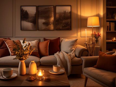 Neutral And Rust Living Room, Dark Beige Sofa Living Room Ideas, Brown And Rust Living Room Decor, Burnt Orange Sitting Room, Brown Colour Scheme Living Room, Butterscotch Walls Living Room, Brown And Burnt Orange Living Room, Neutral And Orange Living Room, Autumn Colour Living Room