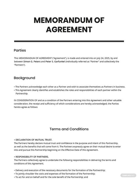 Create a formal and legal document to record any agreement or understanding between two parties without having to worry over if any party follows the execution of the conditions. Use our Memorandum of Agreement template to create a binding agreement of obligations between two parties. Get assurance that both parties will do all terms and conditions stipulated in the agreement. Insert any restrictions and limitations as well as penalties for breach of any of the provisions in the agreement. ... Business Letter Sample, Automotive Logo Design, Purchase Agreement, Bio Data, Legal Forms, Contract Agreement, Business Letter, Statement Template, Letter Sample