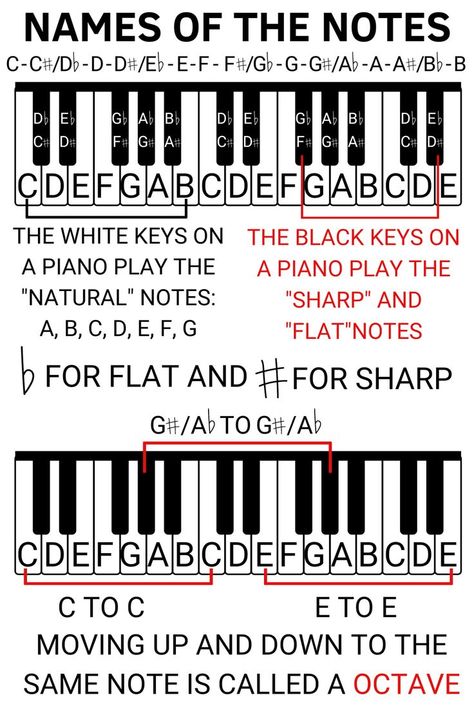 Learn the names of the musical notes. Notice how the white keys have the names A to G that is easy right? But when you go to the black keys you notice they have a symbol. These symbols we call sharp and flat. When you play the same note one place higher or lower we call it an octave. follow me for more! Basic Music Theory, Music Note Symbol, Music Theory Piano, Piano Sheet Music Letters, Beginner Piano Music, Learn Singing, Music Letters, Piano Beginner, Piano Notes