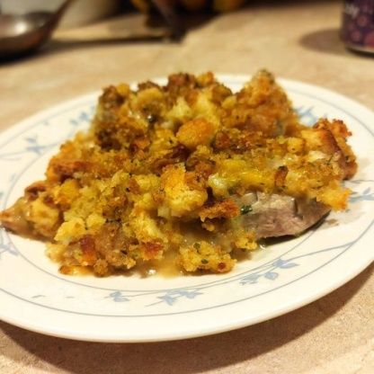 Pork Chop and Stuffing Bake Recipe  - Food.com Pork Chops And Stuffing In The Oven, Pork Chop And Stuffing Casserole, Pork Chops And Stuffing, Stove Top Stuffing Recipes, Stuffing Bake, Baked Pork Ribs, Boneless Pork Loin Chops, Cream Of Potato Soup, Breaded Pork Chops