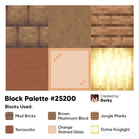 Spruce Pallet Minecraft, Minecraft Sandstone Palette, Minecraft Block Palette Birch, Jungle Wood Color Palette Minecraft, Block Combos Minecraft, Mud Brick House Minecraft, Mc Block Pallets, Minecraft Mud Brick House, Minecraft Mud Brick Builds