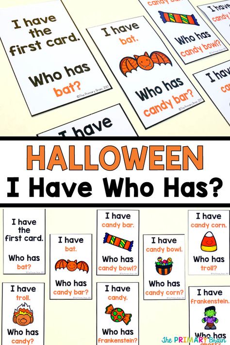 FREE Halloween I Have Who Has Game Cards for Kindergarten, First, and Second Grade. Includes Halloween Images to help your students read words. Read more on my blog theprimarybrain.com #halloween #phonics #literacy #firstgrade #secondgrade #games Halloween Reading Games, Halloween Phonics, Halloween Reading Activity, Halloween Literacy Activities, Halloween Literacy, Tutoring Ideas, Halloween Lesson, Halloween Reading, October Activities