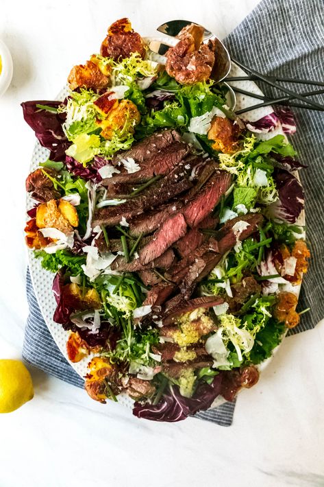 Meat and potatoes in a dinner salad! Seared steak and crispy potatoes partner up with bitter greens and a lemon-parmesan vinaigrette for a simple and hearty dinner.  #Recipe #Salad #SaladRecipes #DinnerSalad #Beef #Steak #SteakRecipes Salad For Dinner, Greens Salad, Not Hungry, Bitter Greens, Simple Vinaigrette, Bread Bowl, Seared Steak, Steak Salad, Spinach Artichoke Dip