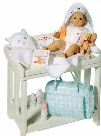 Changing Table I | American Girl Wiki | Fandom Doll Changing Table, Doll Bed Diy, White Changing Table, Room List, Childhood Aesthetic, Shelf For Storage, Diaper Changing Table, Baby Heart, Baby Changing Table