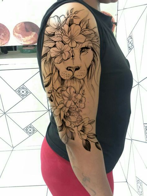 Shoulder Lion Tattoo Women, Upper Arm Lion Tattoo Women, Lion Upper Arm Tattoos For Women, Half Lion Half Flower Tattoo, Lion Mandala Tattoo, Biblical Tattoos For Women Sleeve, Girly Sleeve Tattoo, Symmetrical Tattoos, Female Lion Tattoo