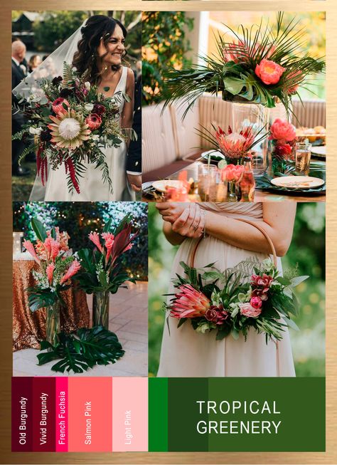 Burgundy Tropical Wedding, Jungle Wedding Color Palette, Tropical Chic Color Palette, Tropical Wedding Theme Color Palettes, Hawaiian Wedding Colors, Tropical Color Palette Colour Schemes, Hawaii Wedding Colors Palette, Tropical Fall Wedding, Beach Wedding Theme Ideas Color Palettes