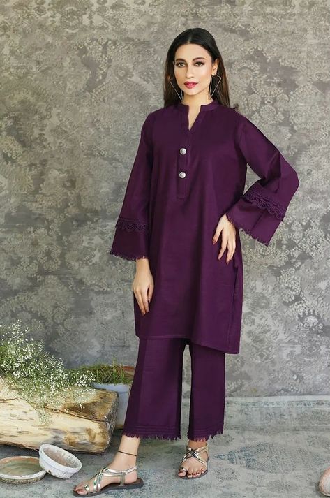 Decent Kurti Designs, Simple Clothes Design Pakistani, Purple Kurta Designs Women, Eastern Kurti Designs, Simple Purple Dress Casual, Solid Suit Designs Pakistani, Solid Kurti Designs Latest, Solids Pakistani Dresses, Plain Shalwar Kameez Simple