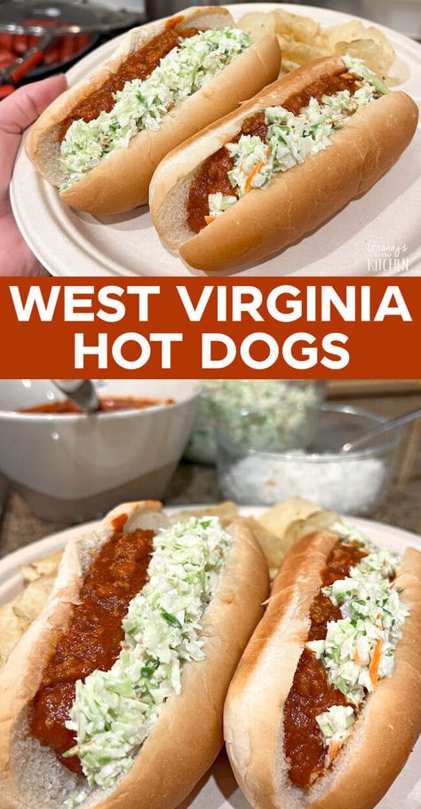 How to Make Authentic West Virginia Hot Dogs - Granny's in the Kitchen Slaw Dogs Coleslaw, Slaw Dogs Recipes, Wv Hot Dog Chili Recipe, West Virginia Hot Dog Sauce Recipe, Unique Hot Dog Toppings, Delicious Ground Beef Recipes, Hot Dog Chili Recipe, Hot Dog Sauce Recipe, Slaw Dog