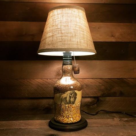 Whisky Bottle Lamp, Bourbon Bottle Lamps, Bourbon Bottle Lamp Diy, Bourbon Bottle Lamp, Bourbon Bottle Crafts, Bourbon Lamp, Liquor Bottle Lamps, Shop Workbench, Buffalo Trace Bourbon