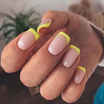 French Tip Nails Oval, Nails Short French Tip, Nails Short French, Short French Tip, Acrylic Nails Yellow, Oval Nail, Short French Tip Nails, Nails Oval, Neon Nail Designs