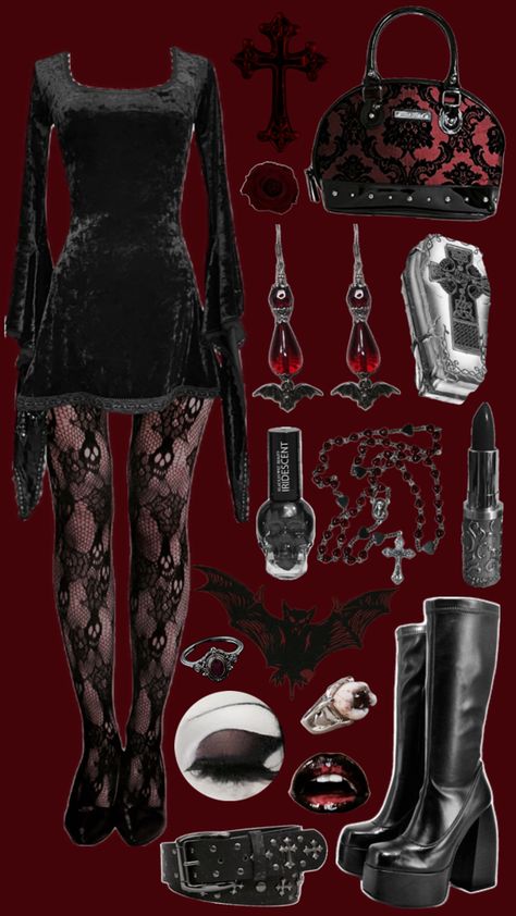 Goth Outfits Winter, Red Goth Outfits, Goth Outfit Inspo, Red Goth, Goth Fits, Vampire Clothes, Vampire Goth, Black Clothes, Romantic Goth