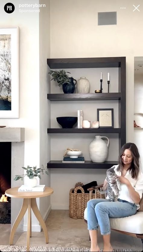 Shelving Next To Fireplace, Side Of Fireplace, Tv Wall Shelves, Perry Homes, Black Floating Shelves, Floating Shelf Decor, Shelf Decor Living Room, Home Entertainment Centers, Living Room Shelves