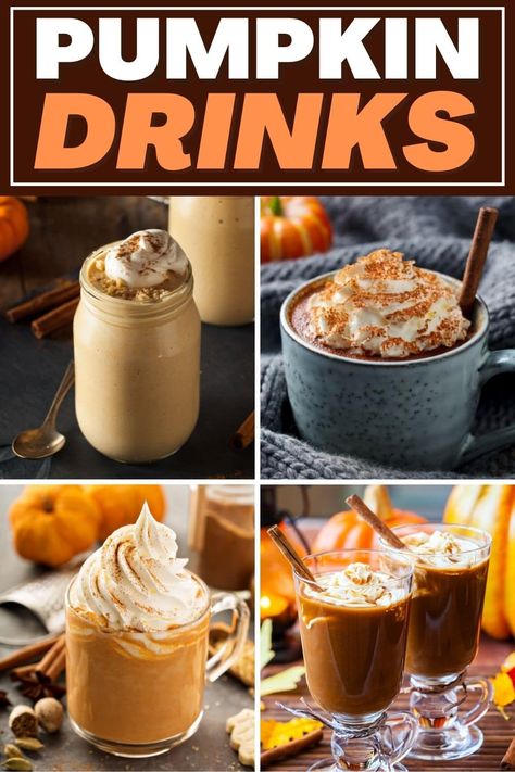 Skip the Starbucks drive-thru and make these pumpkin drinks at home! From a spiced latte to cocktails to pumpkin nog, these beverages are perfect for fall. Pumpkin Drinks No Coffee, Pumpkin Drink, Pumpkin Flavoring For Coffee, Pumpkin Recipes Coffee, Hot Fall Drinks, Vegan Spiced Pumpkin Bedtime Drink, How To Make A Pumkin Spice Latte At Home., Pumpkin Spice Cheesecake, Pumpkin Juice