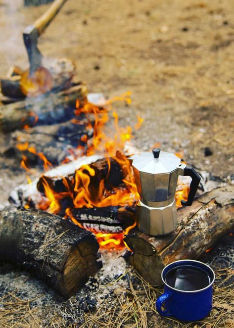 A Moka Pot/Stove top Espresso Maker. This is how I make coffee at home (usually). This is also my favorite way to make coffee when I go camping. It makes consistently good coffee. It is durable and fits well in a pack or car trunk. While this might be good for keeping coffee warm by the fire, it should only be used with a gas or electric stove, and even then you'll need to be careful the handle isn't over the burner. #enjoyjava #coffee #gifts #giftideas Minimalist Camping Gear, Coffee While Camping, Camping Coffee Maker, Cowboy Coffee, Camping Aesthetic, Make Coffee, Moka Pot, Fire Cooking, Campfire Cooking