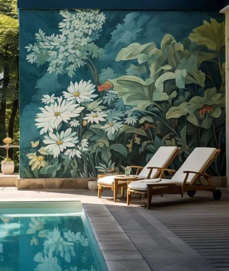 Patio Wall Mural Ideas, Spa Mural, Mural Art Interior, Pool Mural, Business Exterior, Costa Rica Art, 3d Wall Painting, Garden Mural, Flower Mural