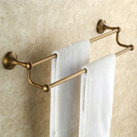 Towel Rack for Bathroom Copper Brushed Finish Retro Bathroom Towel Bar Double Racks Toallero Ideas, Antique Brass Bathroom, Brass Bathroom Accessories, Wall Mounted Towel Rack, Double Towel Bar, Double Towel Rail, Retro Bathrooms, Towel Holder Bathroom, Brass Bathroom