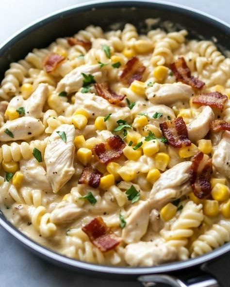 Probably the top version I've cooked up, it's super appealing. Pasta With Corn, Creamy Chicken Pasta Recipes, Chicken Crispy, Creamy Parmesan Sauce, Tangy Bbq Sauce, Creamy Chicken Pasta, Butter Pasta, Low Carb Pasta, Creamy Parmesan