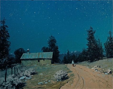 Environment Painting, Blue Artwork, Night Background, Cowboy Art, Night Scene, Night Painting, Night Art, Traditional Paintings, Scene Photo