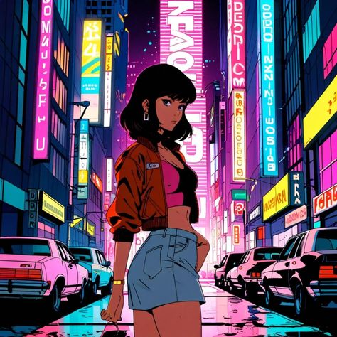 Lost in the neon glow of a cyber city's night, she finds herself amidst the endless hustle. Follow @visualized_ai for more ✨ #cyberpunk #neonlights #animestyle #digitalart #urbanart #citynights #futuristic #vaporwave #nightlife #artisticvibes Vtuber Moodboard, Futuristic Anime, Neon Cyberpunk, Soul Eater Manga, Purple Sage, Neon Noir, Girly Pop, Vaporwave Art, Vaporwave Aesthetic