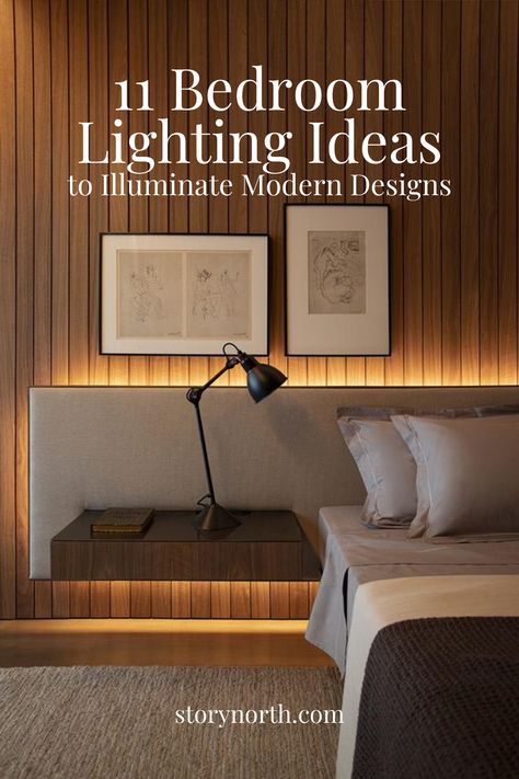 The variety of available colors and designs for lighting fixtures gives you reasons why not to settle with the traditional lighting design. We have gathered 11 bedroom lighting designs that will illuminate modern designs for personal space. #lighting #ideas #interior Next To Bed Wall Decor, Bed Back Lighting, Main Bedroom Lighting Ideas, How To Light A Bedroom, Master Bedrooms Lights, Basement Bedroom Lighting, Behind Bed Lighting, Ambience Lighting Bedroom, Bedroom Accent Lighting