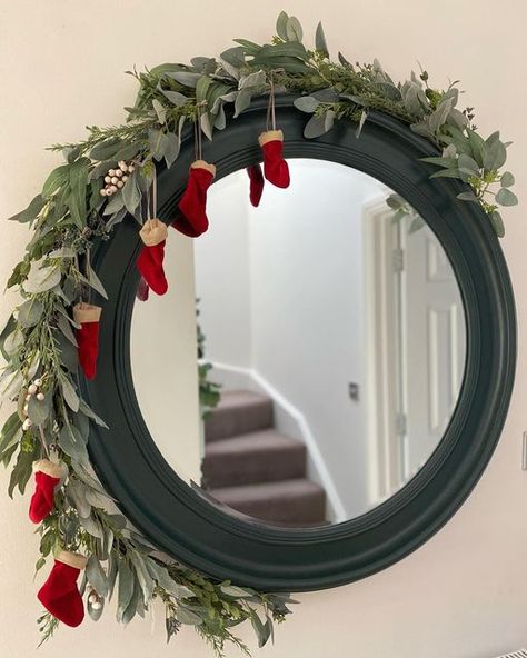 Christmas Garland Mirror Decor, Mirrors Decorated For Christmas, Christmas Garland On Round Mirror, Round Mirror Christmas Decor Ideas, Christmas Decor Ideas Mirror, Garland On Round Mirror, Round Mirror Christmas Decor, Constable Green, Mirror Christmas Decor Ideas