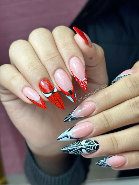 Spiderman Nails Designs, Spiderman Nails, Marvel Nails, Neutral Nail Art Designs, Harry Potter Nail Art, Cute Almond Nails, Nails After Acrylics, Kylie Nails, Coffin Nails Ombre