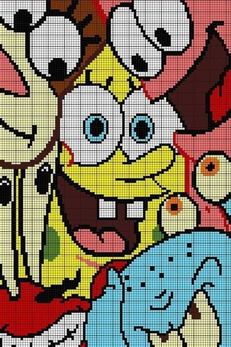 Sponge Bob Crochet, Big Pixel Art, Disney Pixel Art, Pixel Art Disney, Grille Pixel Art, Pixel Art Minecraft, Image Pixel Art, Disney Cross Stitch Patterns, Graph Crochet