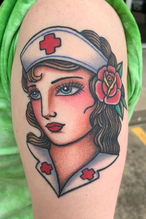 Neotraditional Nurse Tattoo, Nurse Pinup Tattoo, Traditional Tattoo Nurse, Nurse Pinup, Pinup Tattoo, Nurse Tattoo, Traditional Style Tattoo, Tattoo Old School, Full Sleeve Tattoo Design