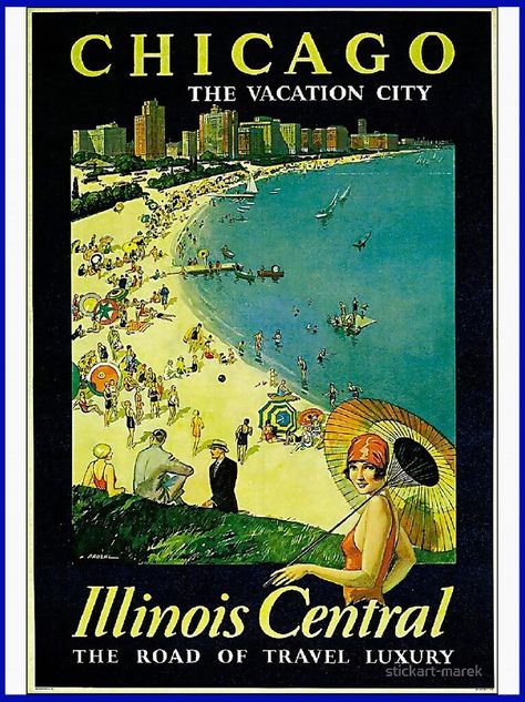 Chicago Beach, Chicago Vacation, Chicago Poster, Chicago Travel, Retro Travel Poster, The Windy City, Vintage Art Prints, Vintage Cat, Art Deco Inspired